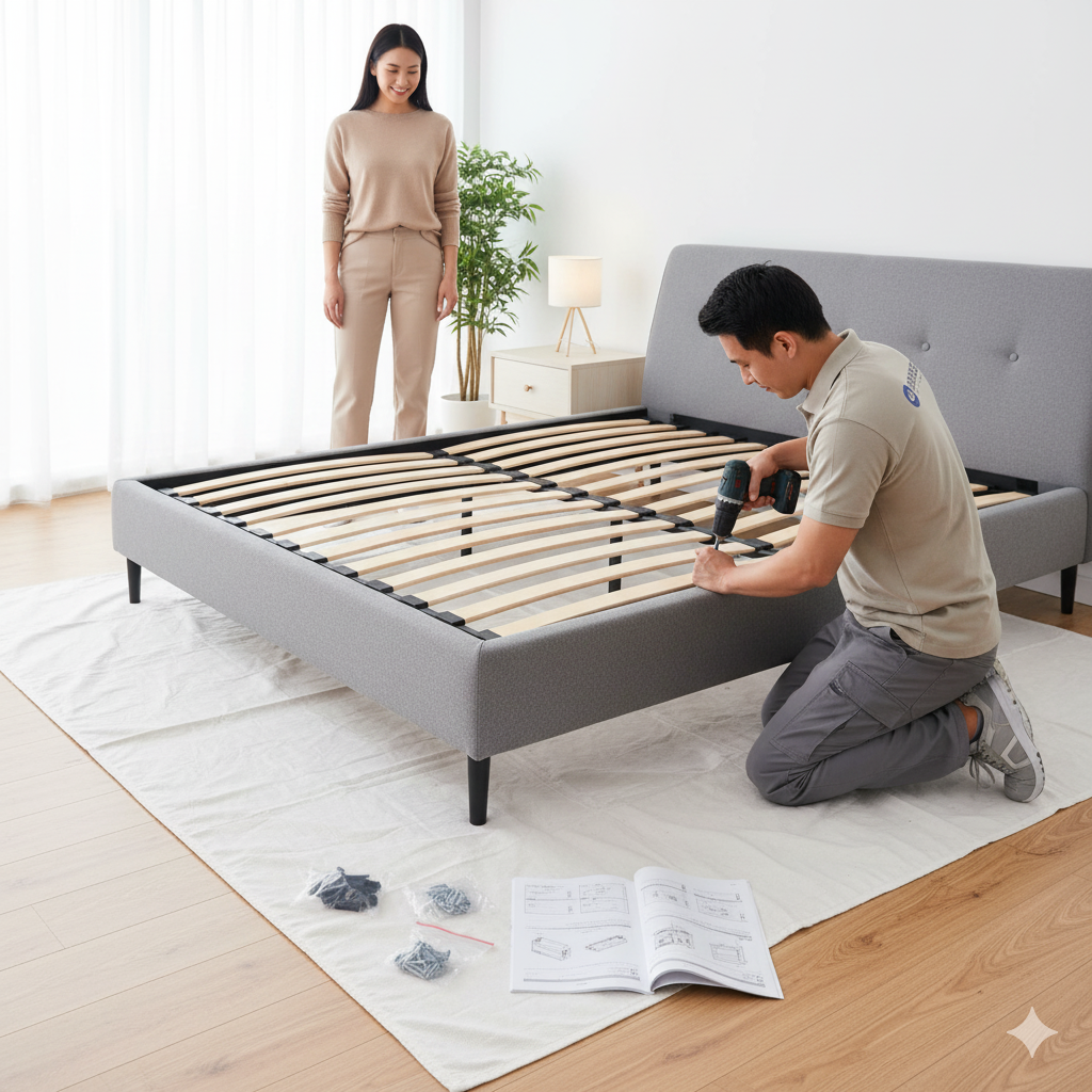 Hombre montando un mueble de cama con herramientas y manual de instrucciones