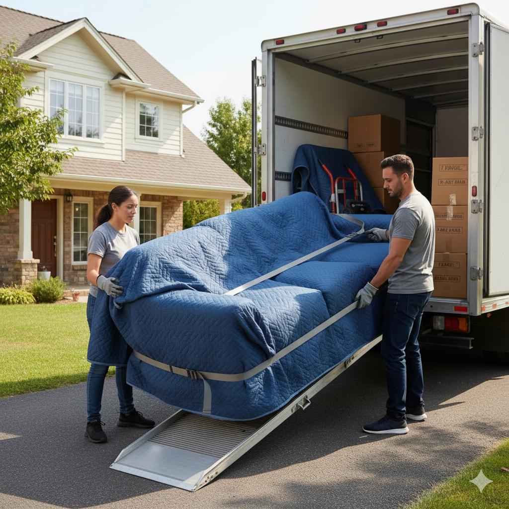 Equipo profesional de mudanza cargando muebles en camión con técnicas seguras
