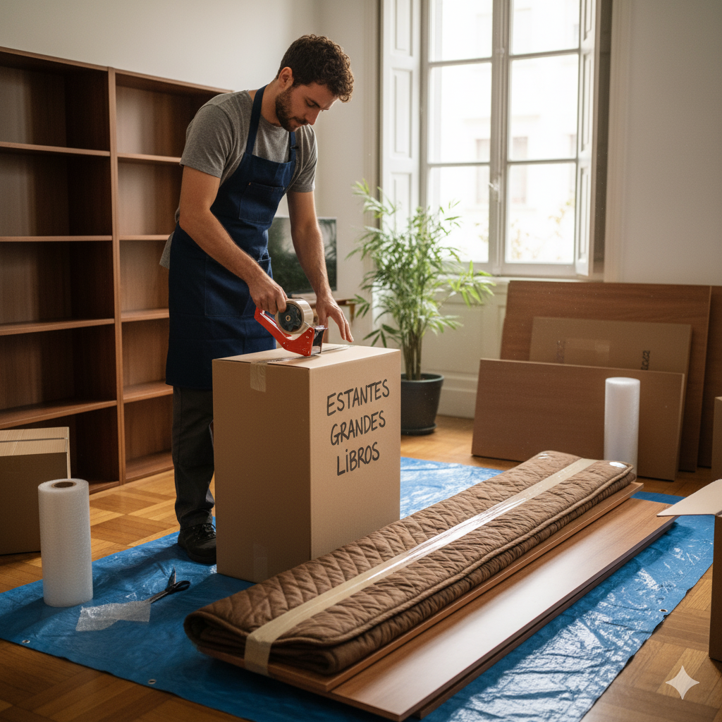 Hombre desmontando muebles de forma profesional con herramientas organizadas y materiales de protección