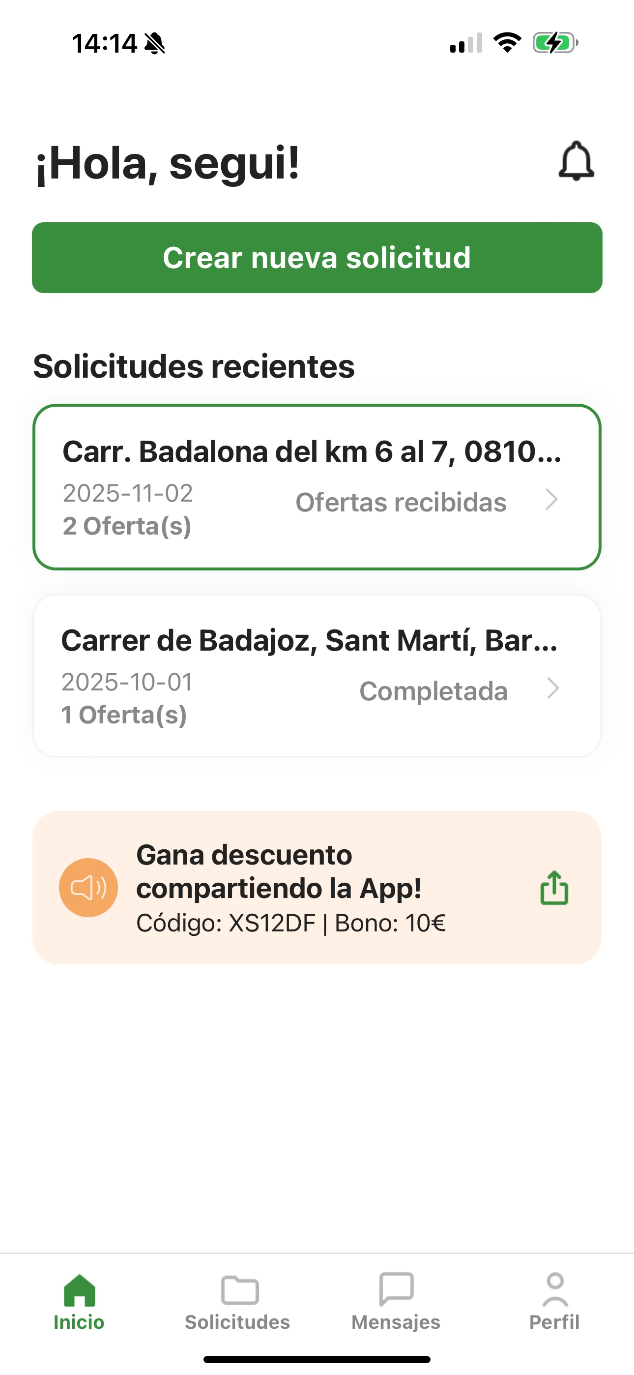 Captura de pantalla de la app casafix.io - Solicitar presupuestos