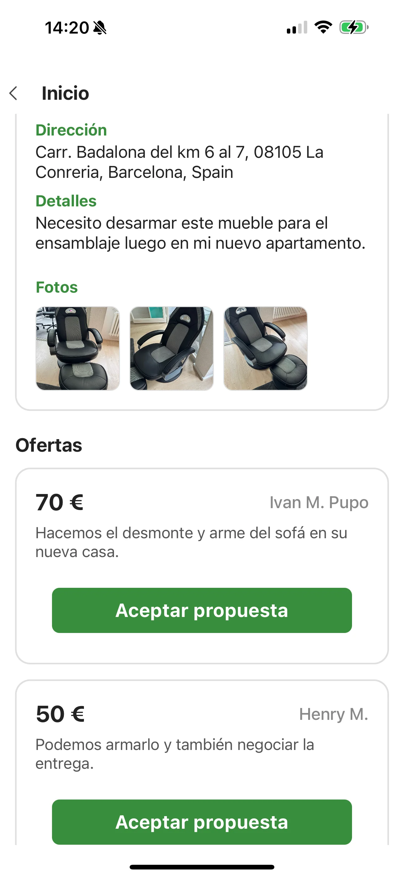 Historial de servicios en la app casafix.io